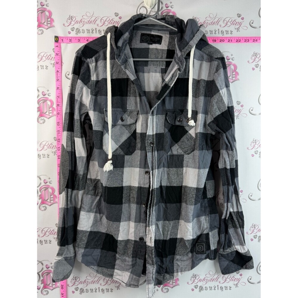West forty nine plaid Men's Lightweight Black & Gray Plaid Hooded Shirt Jacket